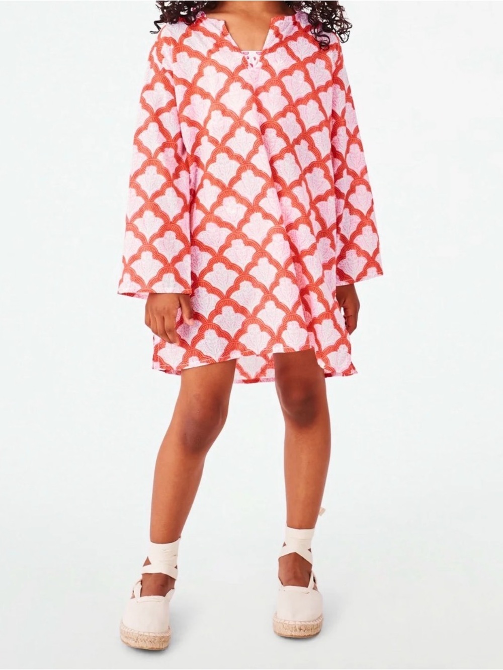 Roller Rabbit Scallop-Print V-Neck Long Sleeve Jemina Kurta/Swim Coverup